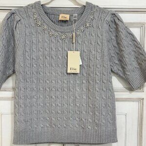 NWT SZ L Elie Tahari Gray Cable Knit Sweater with Embellished Neckline